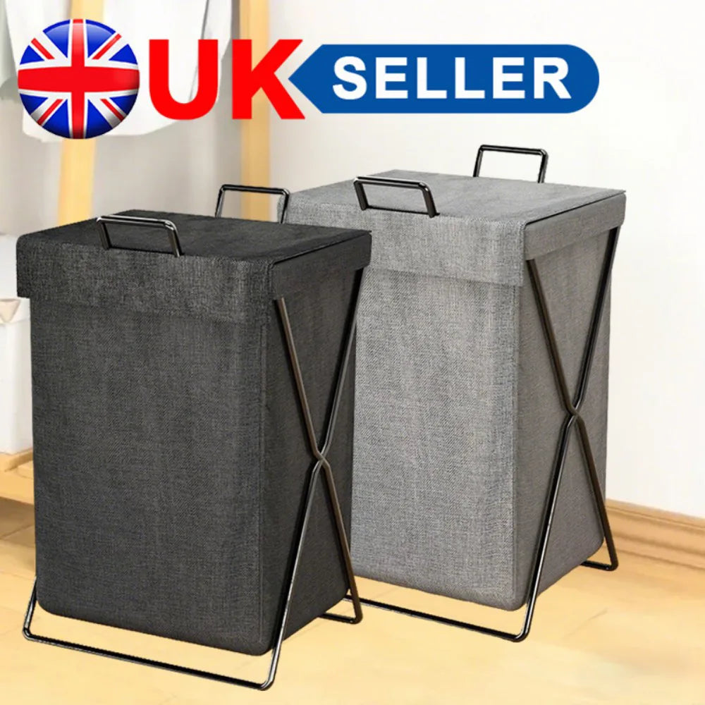 Laundry Basket Dirty Washing Clothes Storage Folding Bin Bag Hamper With Lid-Grey